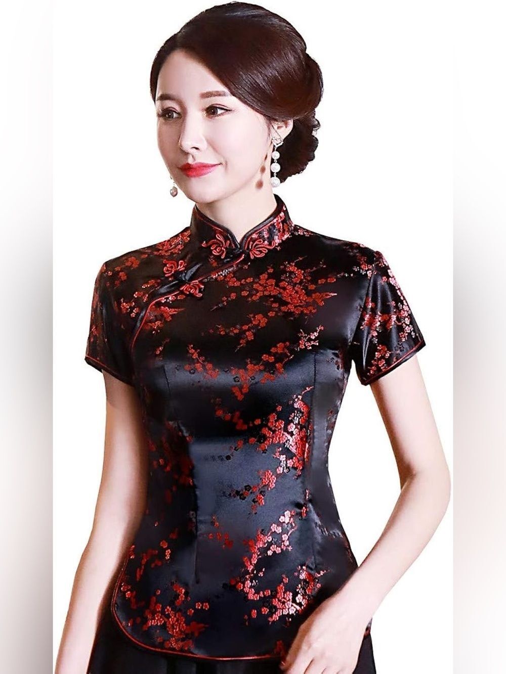 UK Chinese Black & Wine Red Satin Top Size L